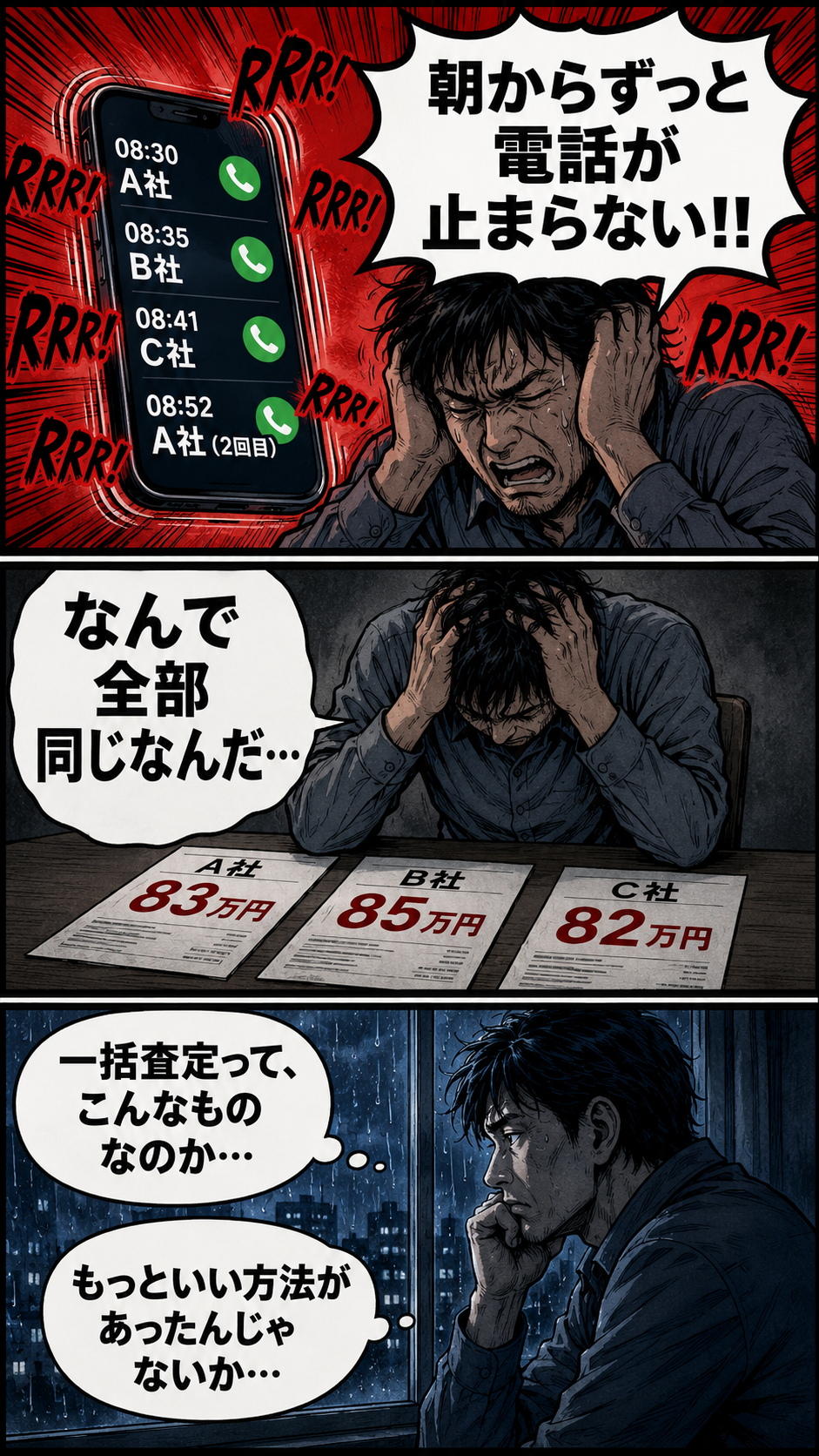 電話ラッシュと似た査定額で悩む様子